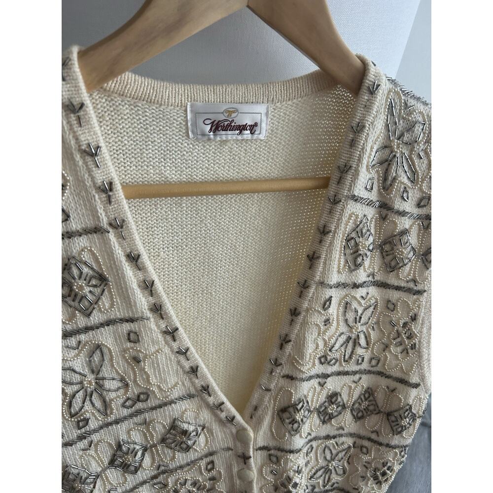 Vtg Cream Sweater Vest Beads Embroidered Flowers Grandma M/L - Picture 3 of 11